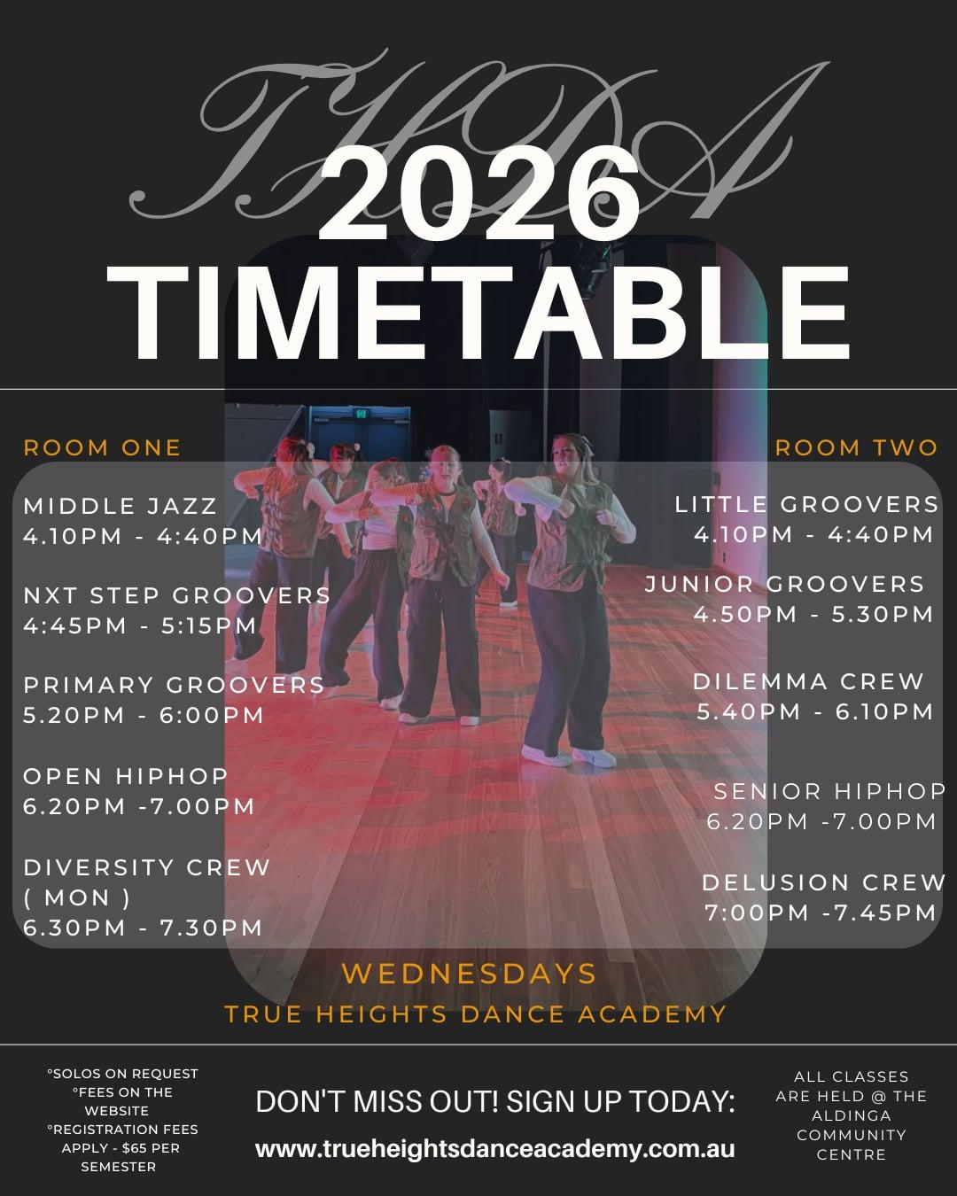 The latest timetable for True Heights Dance Academy 2026 season.